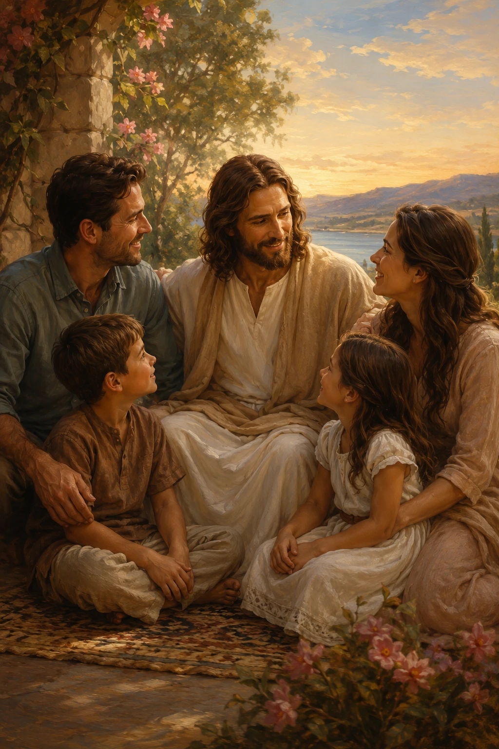 Example Christian family portrait with Jesus in a warm evening setting