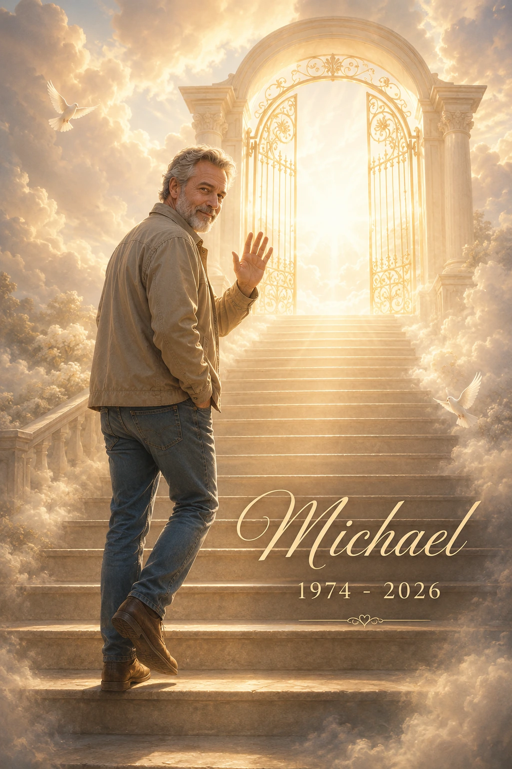 Example Heaven Gates Memorial portrait with a person walking toward glowing gates